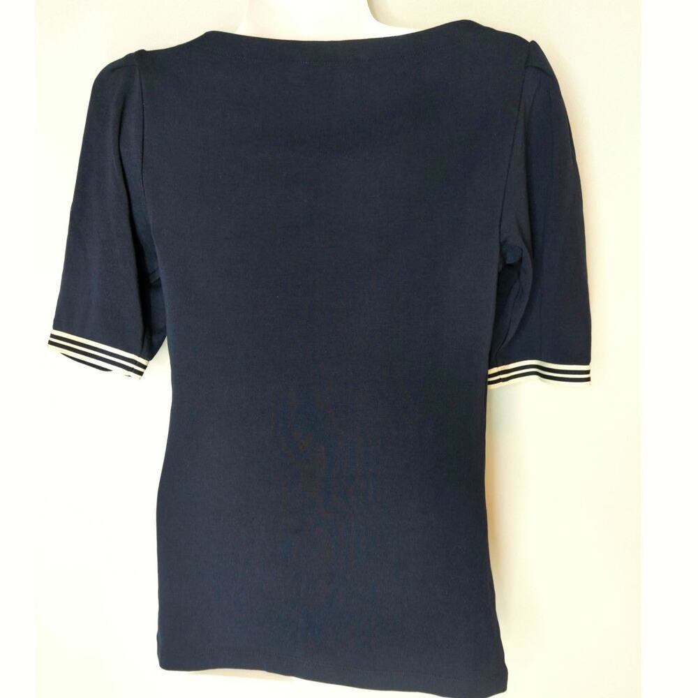 Lauren Ralph Lauren Navy Puff Sleeve Cotton Top Women's Small Coastal Nautical - Picture 4 of 7